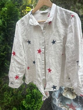 John Mark Cream Button-Down Shirt with Red & Navy Stars